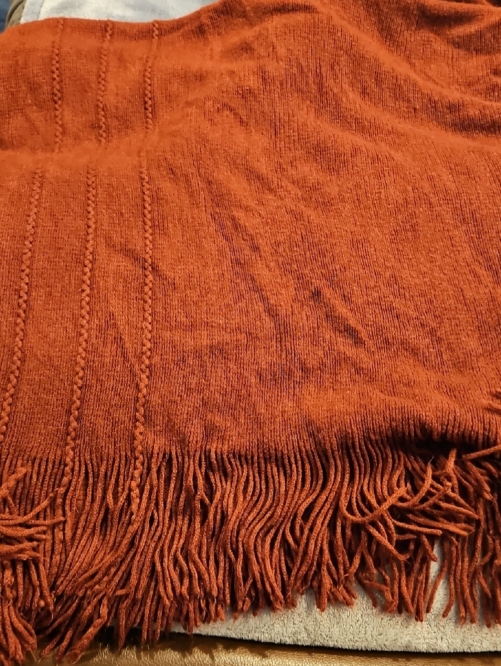 QVC Rust Red Knit Fringe Cocoon Wrap With Arm Holes